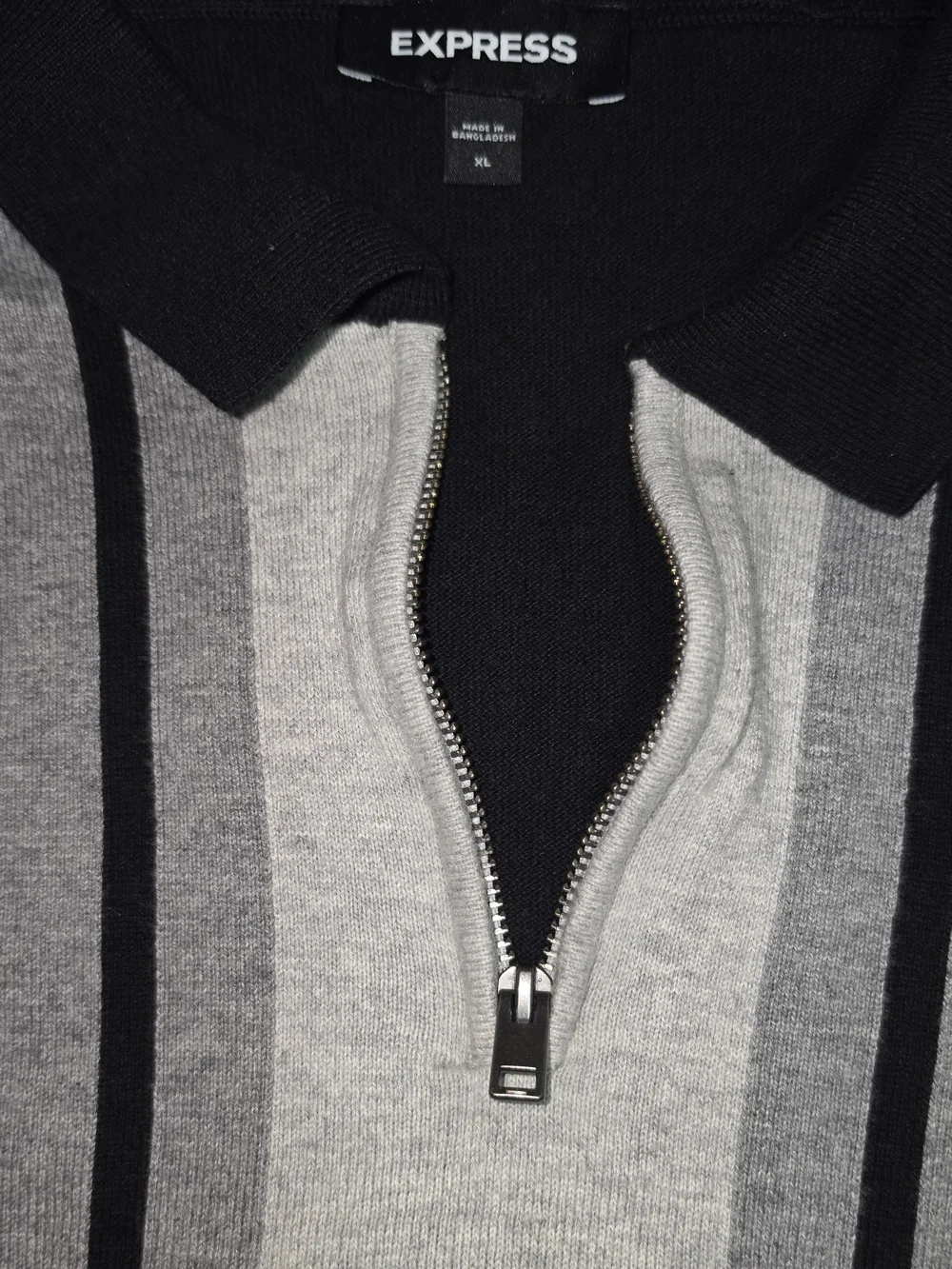 Express Black and Gray Vertical-Stripe Zip Polo